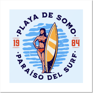 Vintage Playa de Somo, Spain Surfer's Paradise // Retro Surfing 1980s Badge B Posters and Art